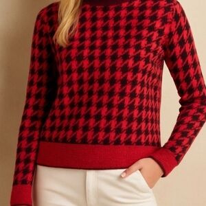 Ann Taylor Red and Black Houndstooth Highneck Sweater, Cotton & Nylon mix, XS